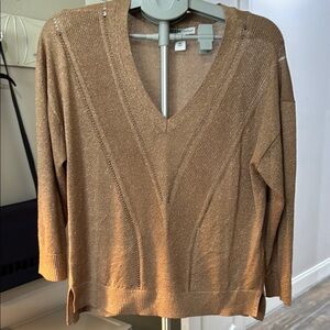 White House Black Market Gold Metallic Tan V-Neck Sweater